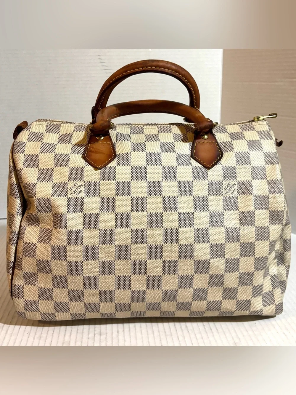 Louis Vuitton Damier Azur Canvas Speedy Bag - Cream & Brown Leather